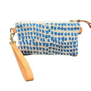 Erin Flett Blue Dot Canvas Wristlet Clutch 8x4.5 Leather Strap